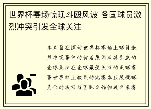 世界杯赛场惊现斗殴风波 各国球员激烈冲突引发全球关注